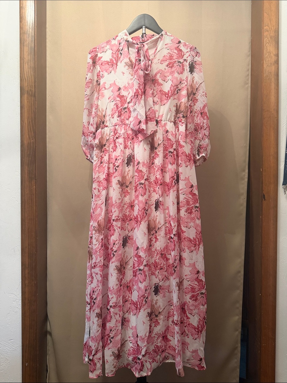 SHEIN Pink and Cream Floral Tie-Neck Maxi Dress